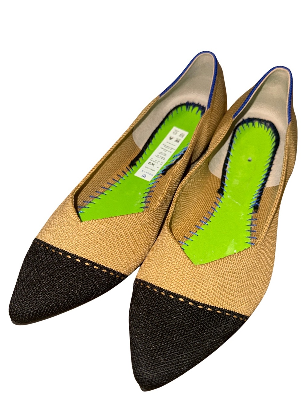 Rothys The High Point Wren Cap Toe Knit Shoes 9 Tan Black Pointed Toe NO Insoles